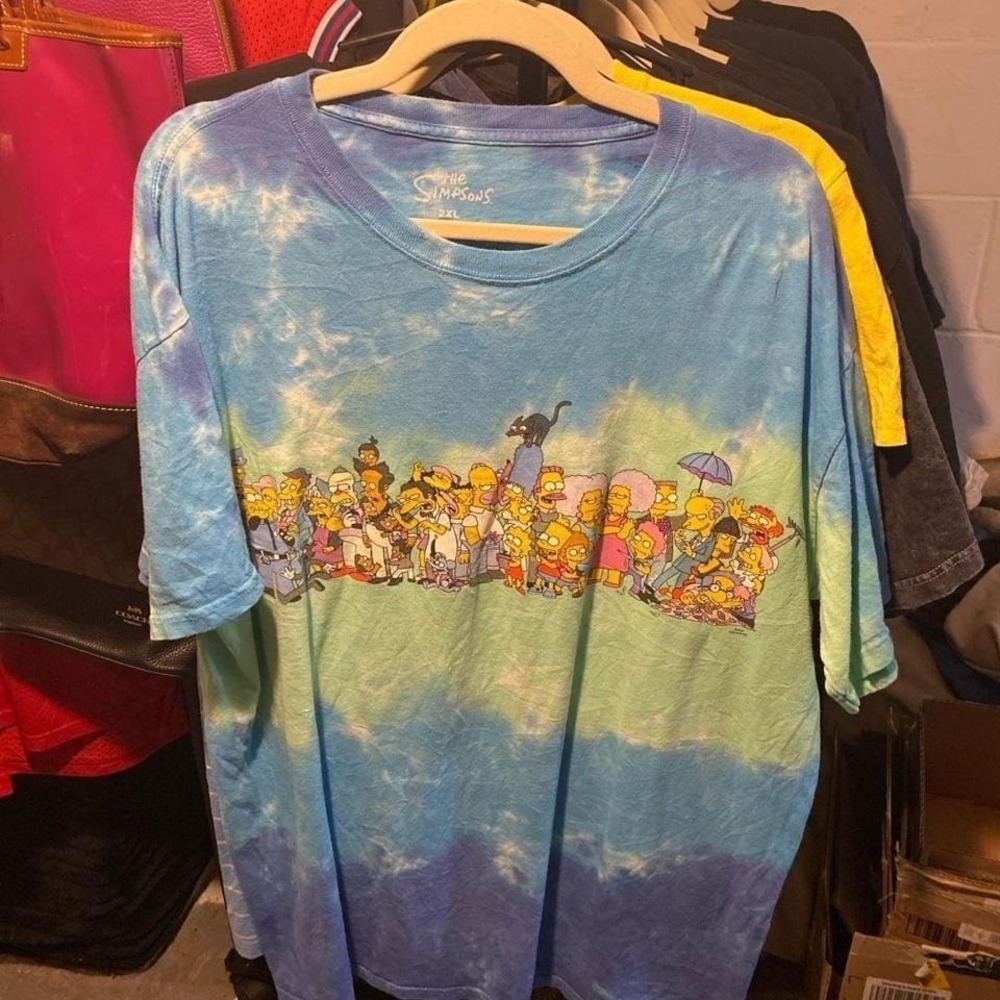 90s Retro Y2K The Simpsons Cast Character Tie Dye T-Shirt Size 2XL Blue‎ Green